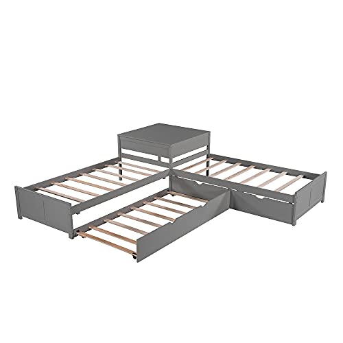 Grey Wood L-Shaped Corner Platform Beds with Trundle, Double Twin Size Beds with 2 Drawers G891458