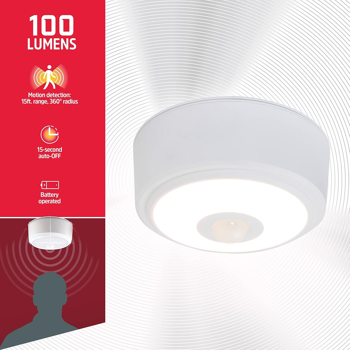 Motion Activated LED Ceiling Light, 2 Pack, Battery Operated, 100 Lumens, Wireless W983