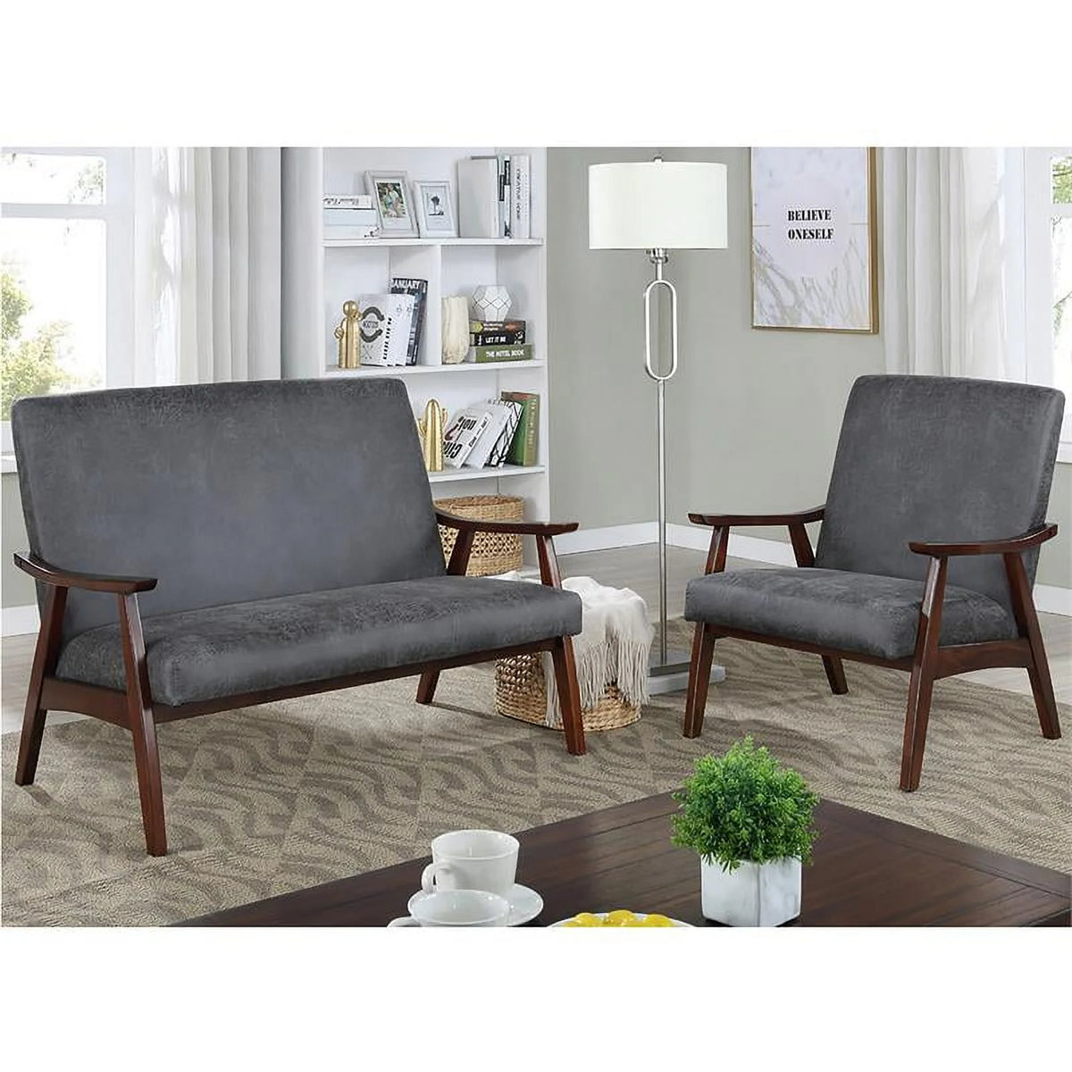 Dark Gray Faux Leather Cushioned Loveseat Bench U6675