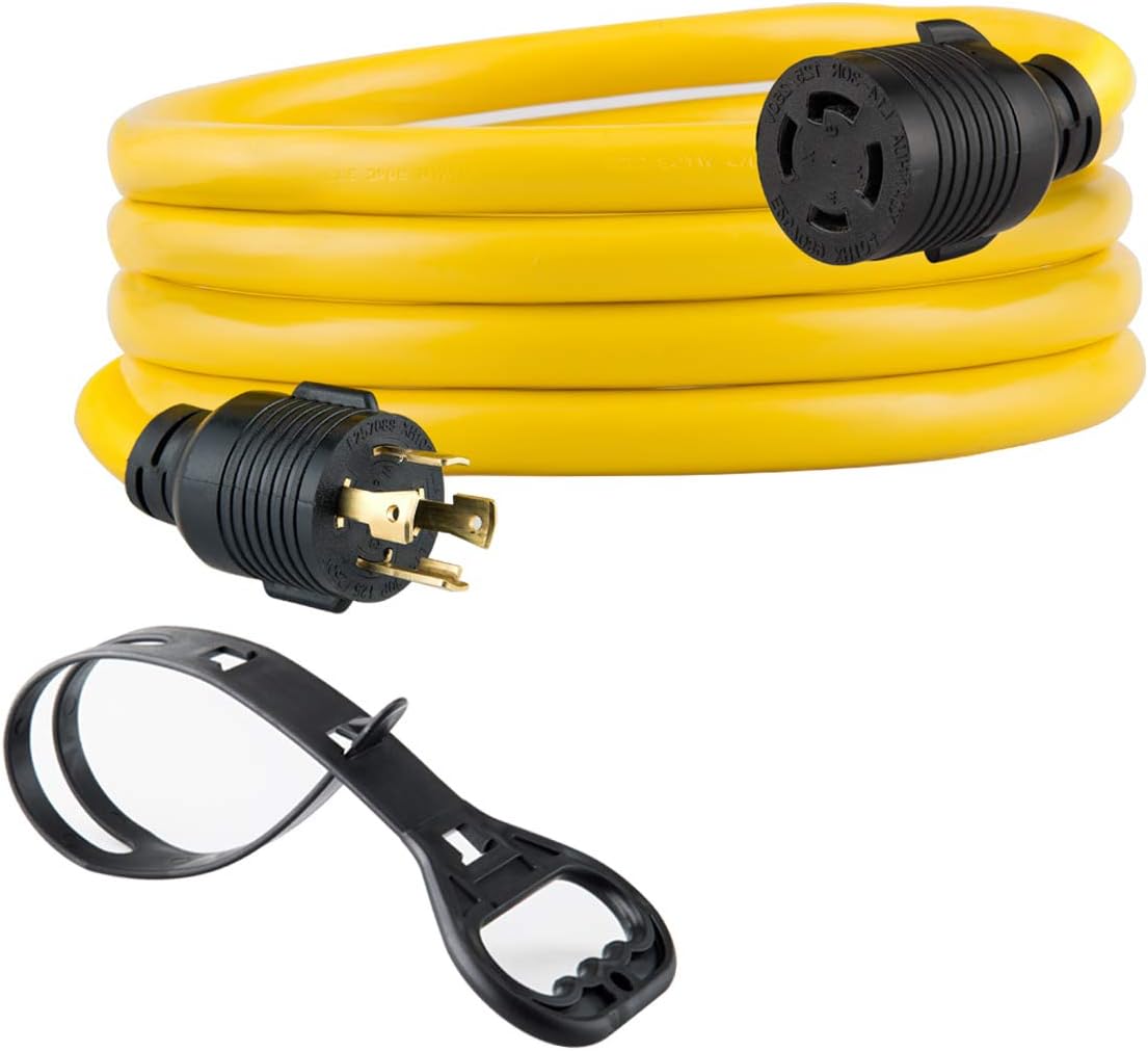 25FT Heavy Duty Generator Locking Power Cord NEMA L14-30P/L14-30R, 4X10 Gauge SJTW Cable, 125/250V 30Amp 7500 Watts Yellow H60008