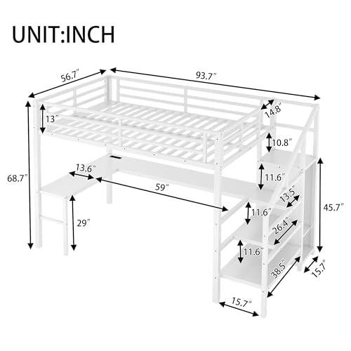 Full Size White Metal Loft Bed with Desk and Storage Stairs H660706