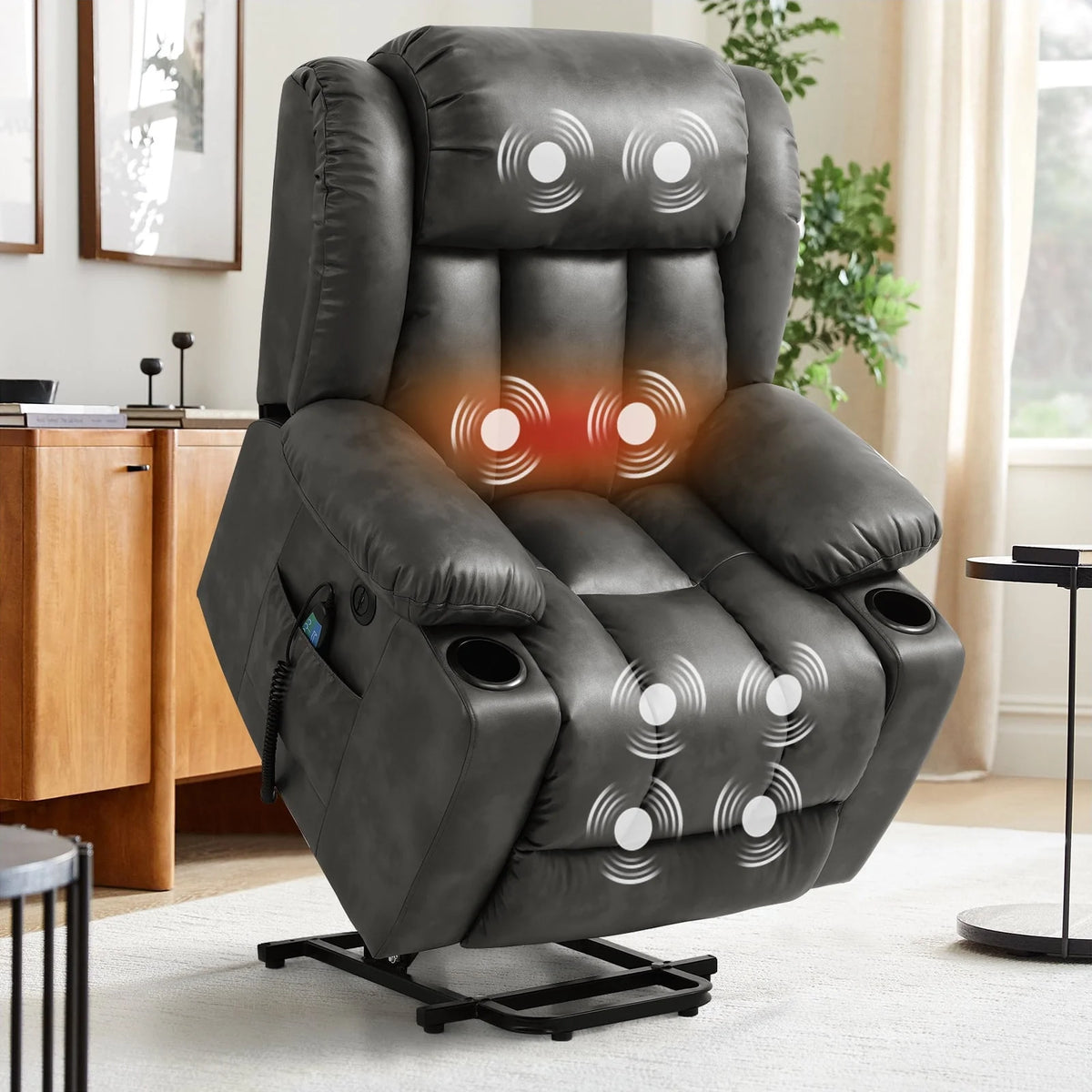 Large Power Lift Recliner Chair with Heat and Massage Leather Grey T240