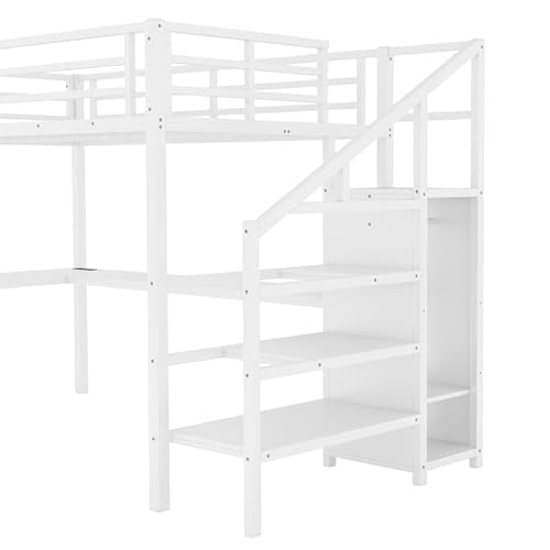Full Size White Metal Loft Bed with Desk and Storage Stairs H660706