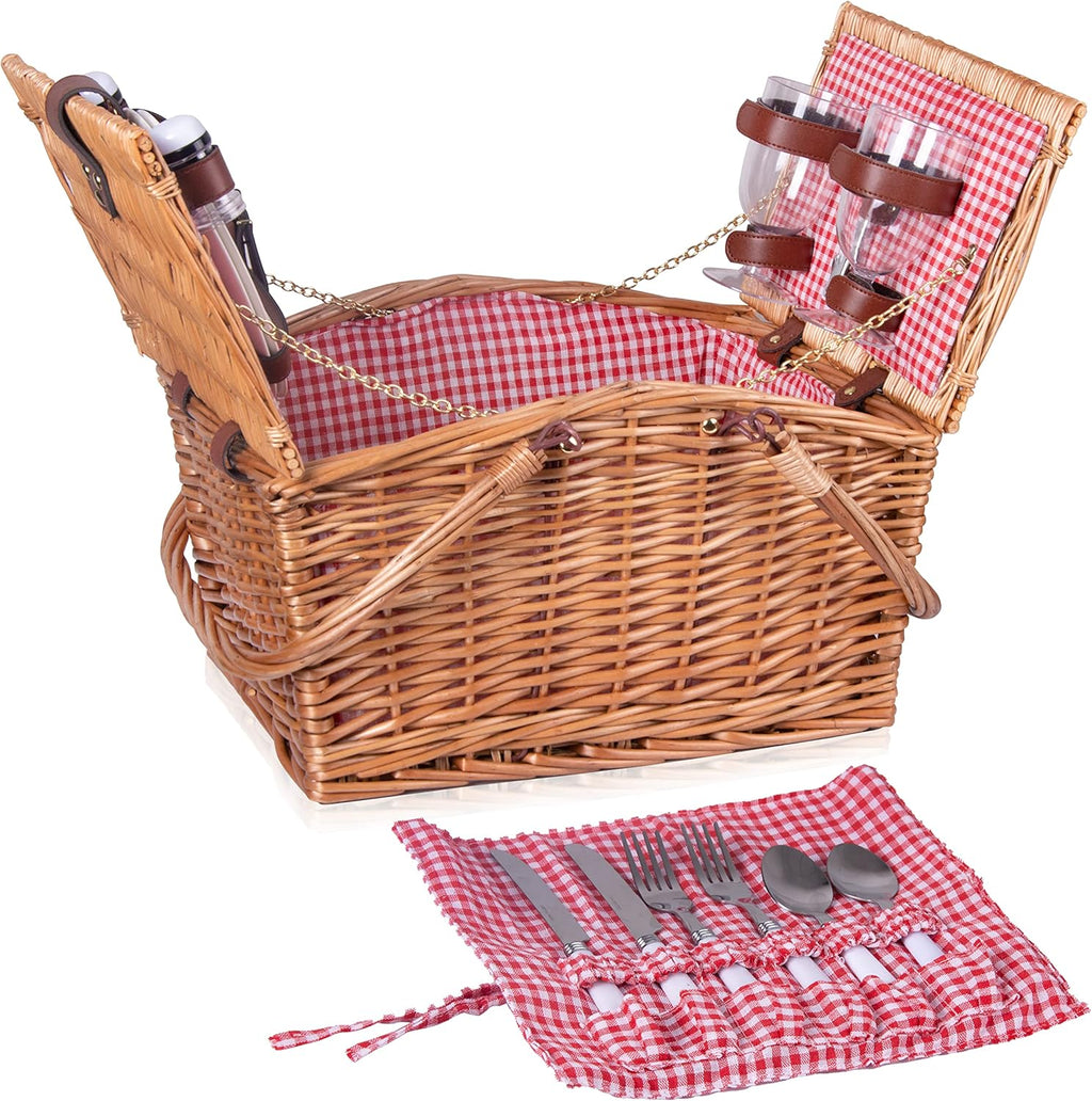 Wicker Picnic Basket Set with Double Collapsible Handles, Grey-Stripe, Pack of 2 N3744