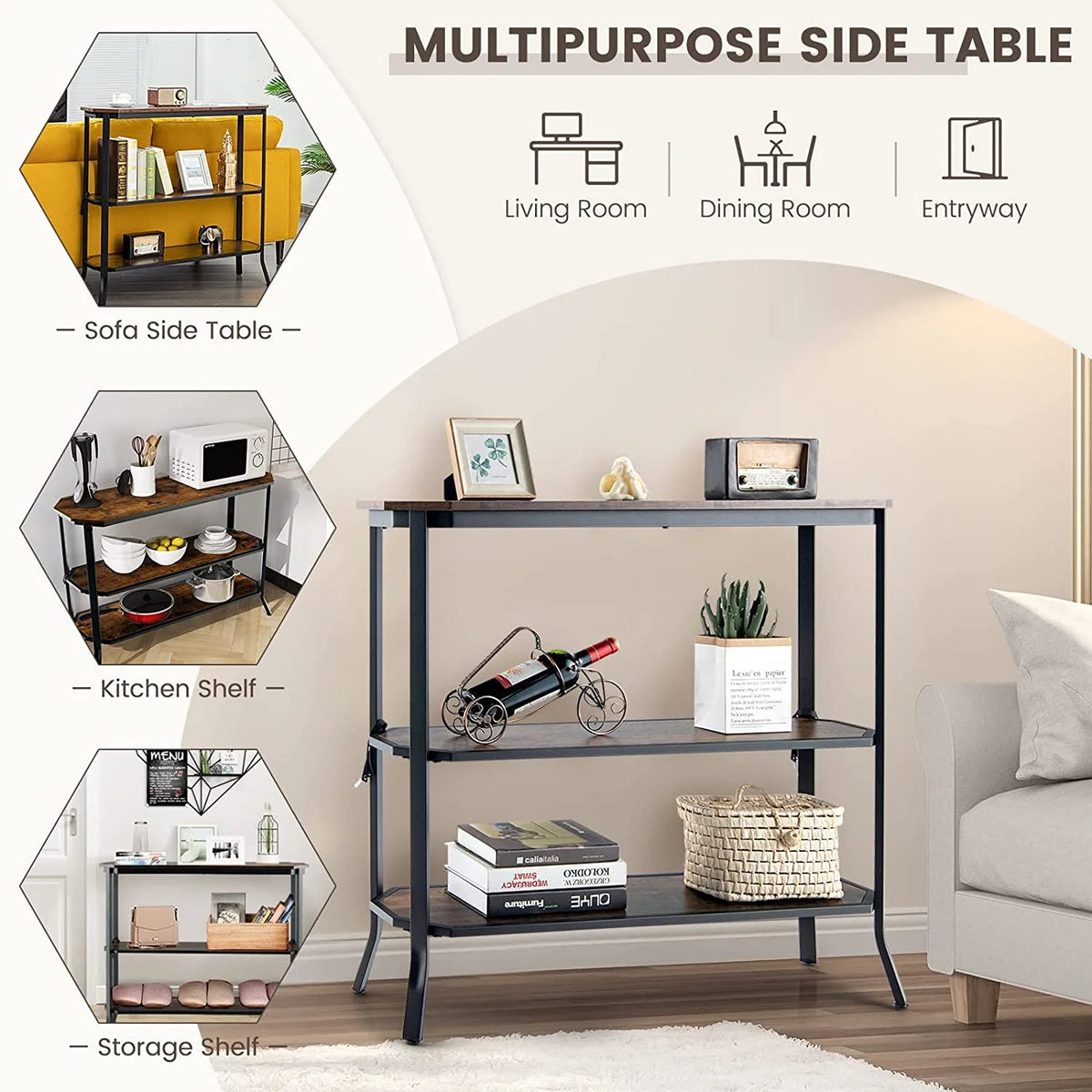 Industrial 3-Tier Narrow Console Table with Open Shelves I7657