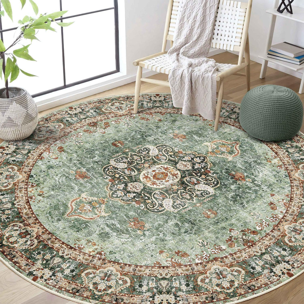 Green Round 6ft Washable Non Slip Rug B159
