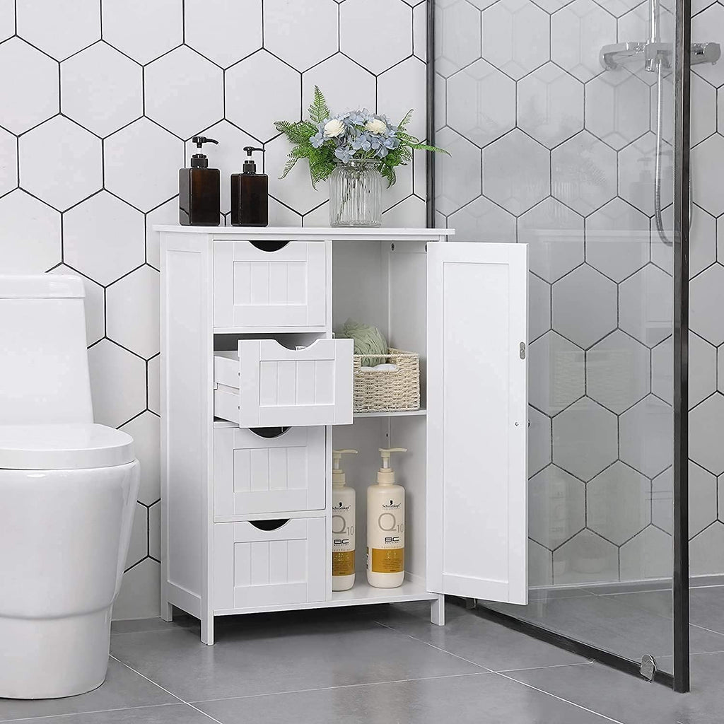 White Wooden Bathroom Floor Cabinet with 4 Drawers and 1 Cupboard U822981