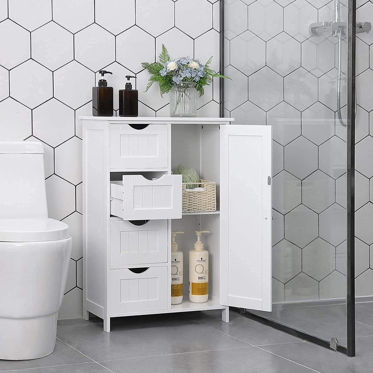 White Wooden Bathroom Floor Cabinet with 4 Drawers and 1 Cupboard U822981