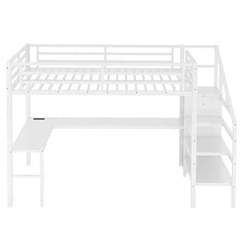 Full Size White Metal Loft Bed with Desk and Storage Stairs H660706