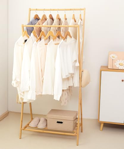 Bamboo Clothes Rack with Storage Shelf, Foldable Wardrobe Storage Rack (Natural) S745