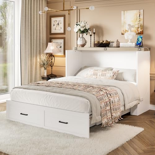 Queen Size White Foldable Murphy Bed with Charging Station T698