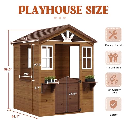 Cedar Wooden Kids Playhouse with Play Kitchen and Vinyl Roof U9617