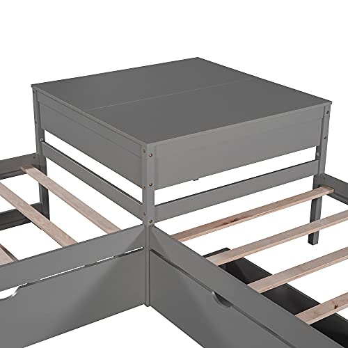 Grey Wood L-Shaped Corner Platform Beds with Trundle, Double Twin Size Beds with 2 Drawers G891458