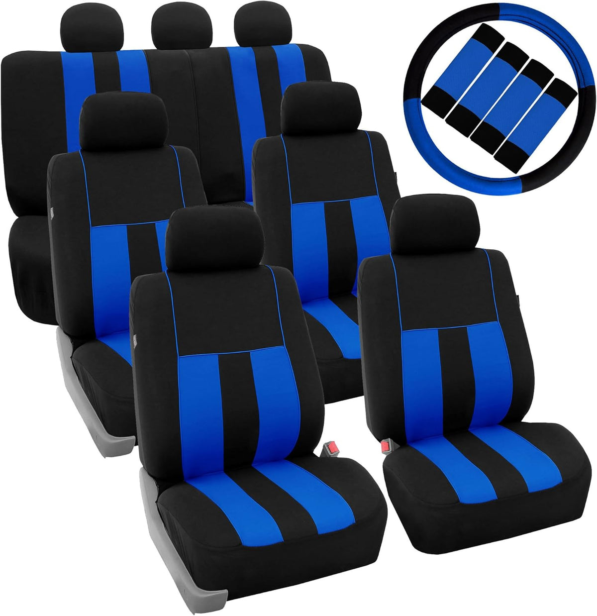 Blue Black Striped Car Seat Covers and Steering Wheel Cover Set D428355