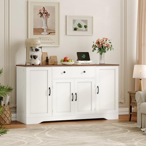 White Buffet Cabinet with Charging Station and Adjustable Shelves M480