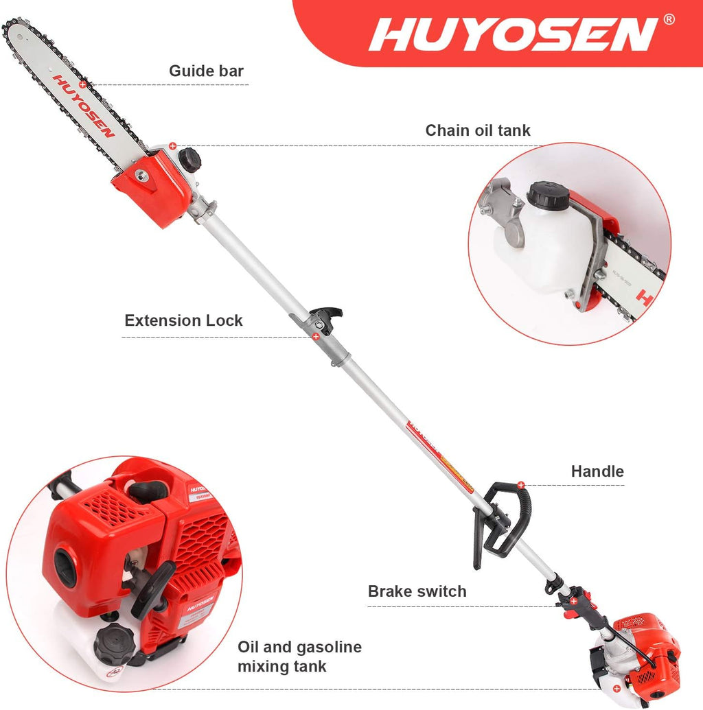 Gas Pole Saw 45CC 2-Cycle 8.2 FT to 11.4 FT Extension 5 in 1 Weeder Eater Hedge Trimmer Chainsaw Brush Cutter 3T Blade B9648