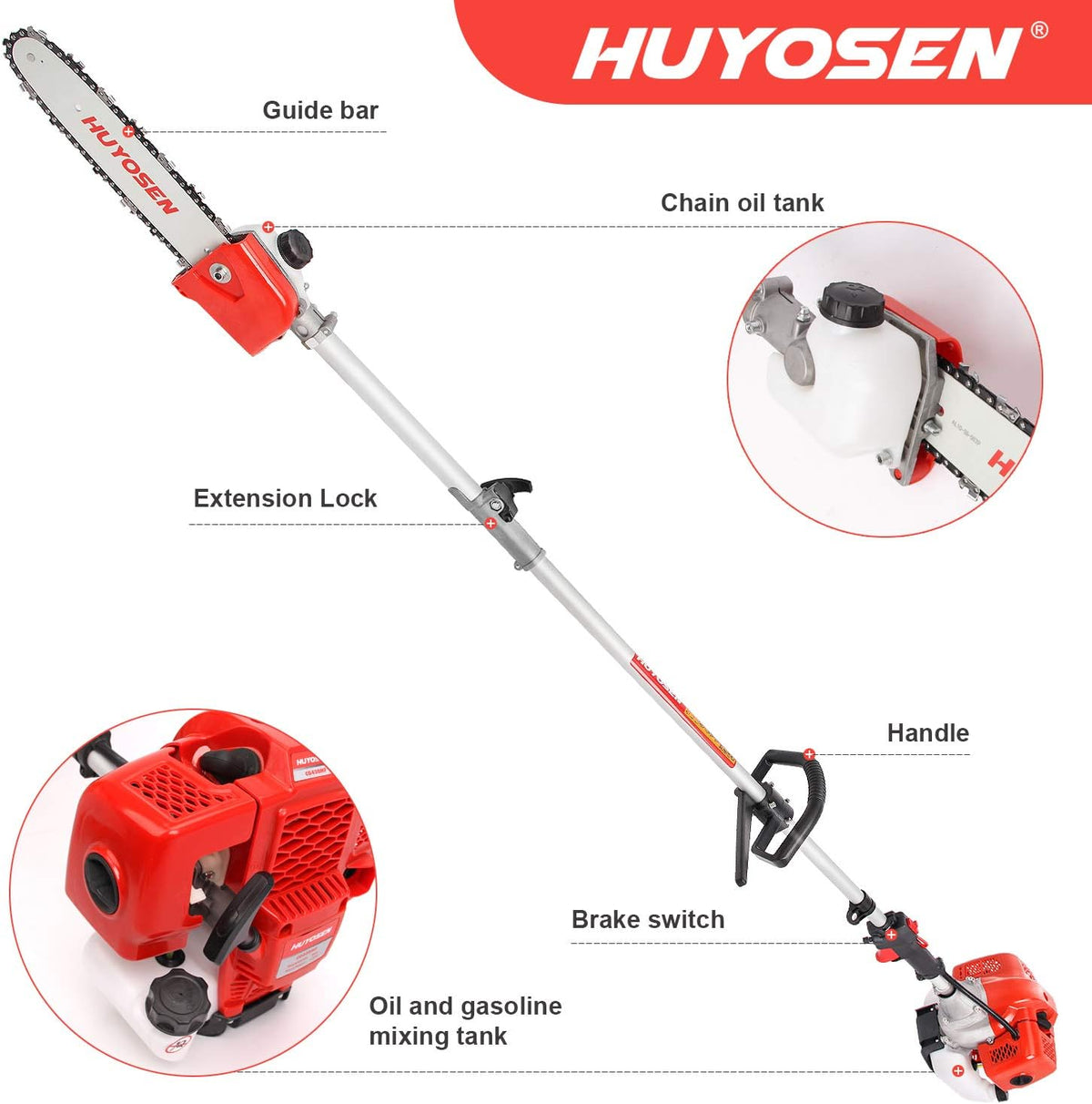 Gas Pole Saw 45CC 2-Cycle 8.2 FT to 11.4 FT Extension 5 in 1 Weeder Eater Hedge Trimmer Chainsaw Brush Cutter 3T Blade B9648