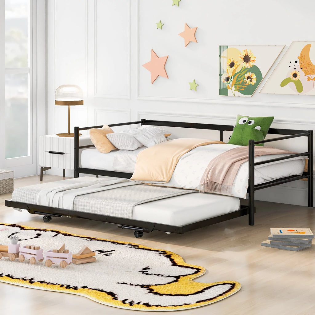 Twin Size Black Metal Daybed with Trundle Y76173