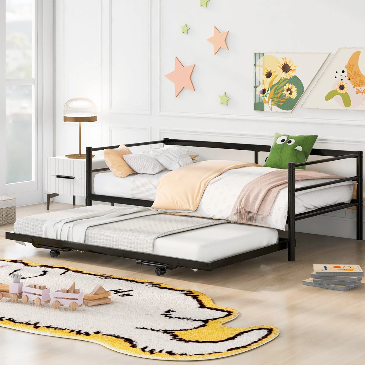 Twin Size Black Metal Daybed with Trundle Y76173