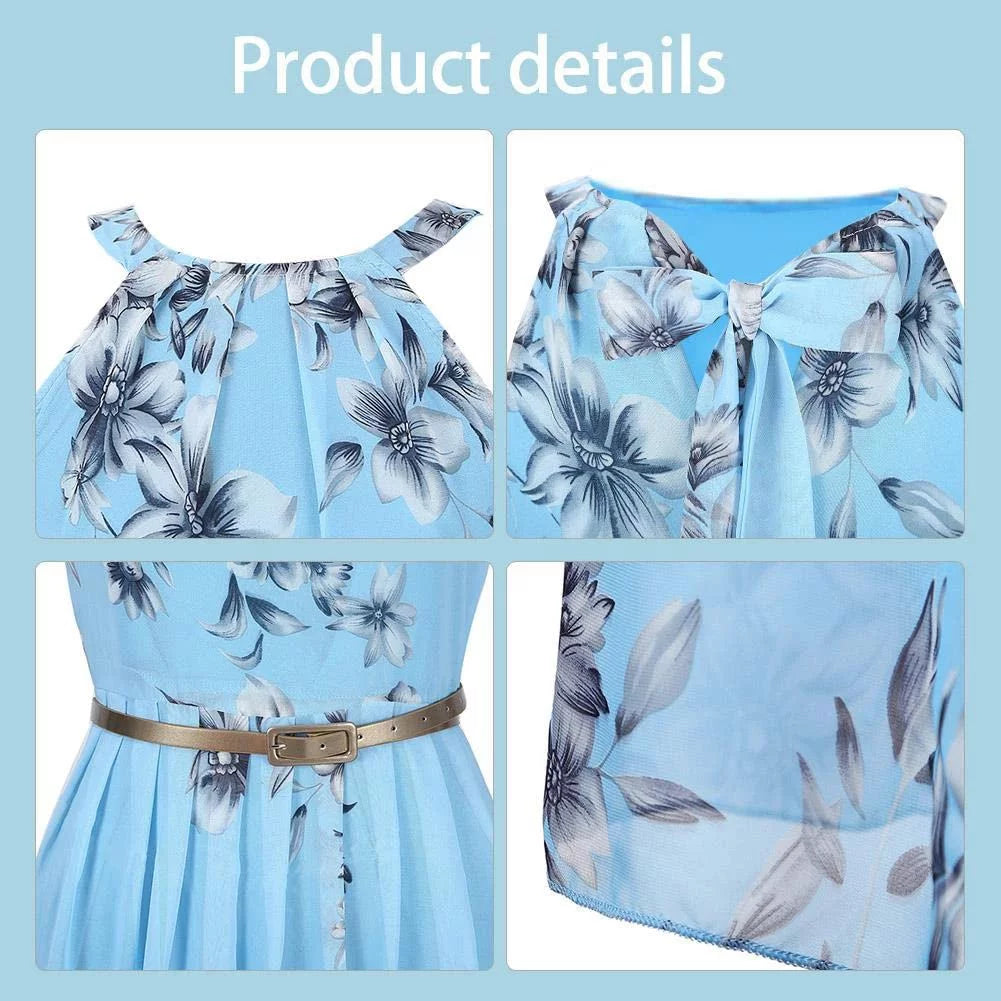 Blue Floral Halter Chiffon Maxi Dress Y108569