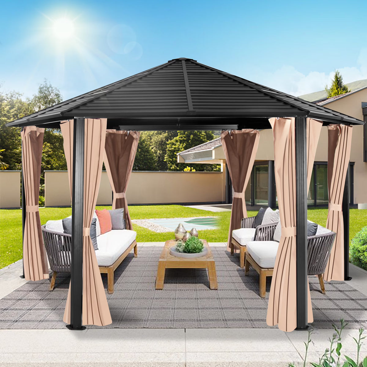 Hexagonal Hardtop Gazebo with Curtains & Mesh Screen C255421