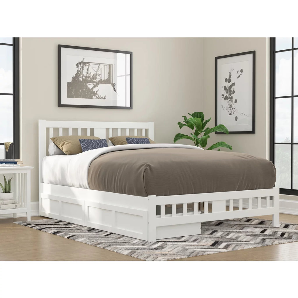White Wood Queen Bed with Footboard and 2 Drawers U57954