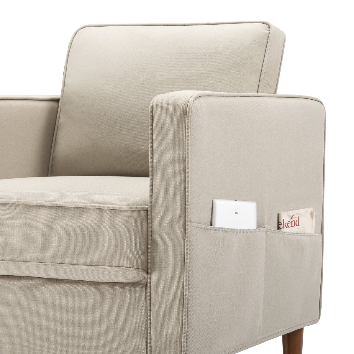 Sand Gray Beige Fabric Armchair with Armrest Pockets H133044