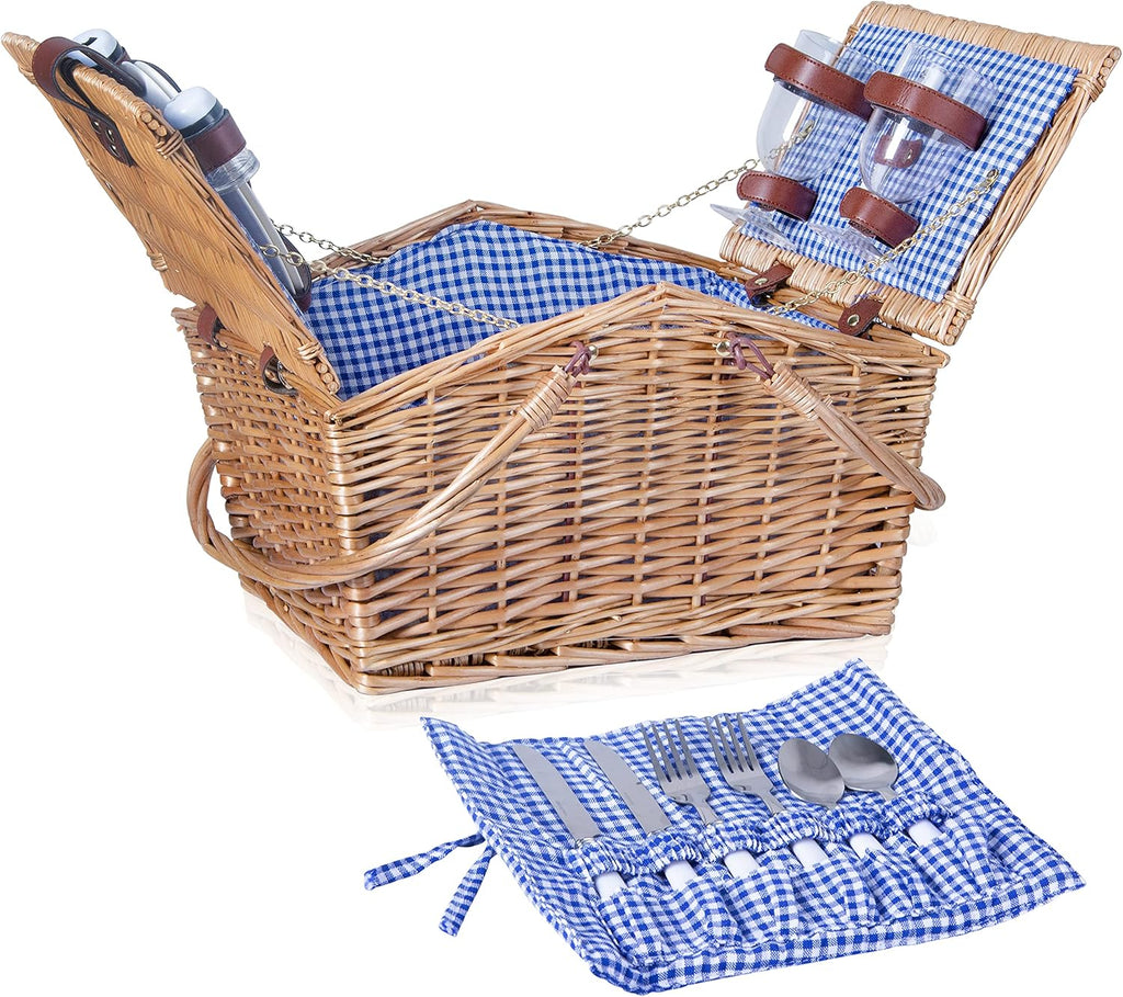Wicker Picnic Basket Set with Double Collapsible Handles, Grey-Stripe, Pack of 2 N3744