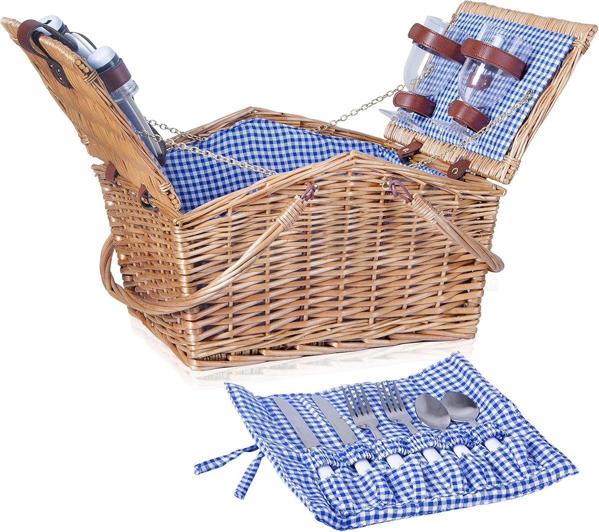 Wicker Picnic Basket Set with Double Collapsible Handles, Grey-Stripe, Pack of 2 N3744