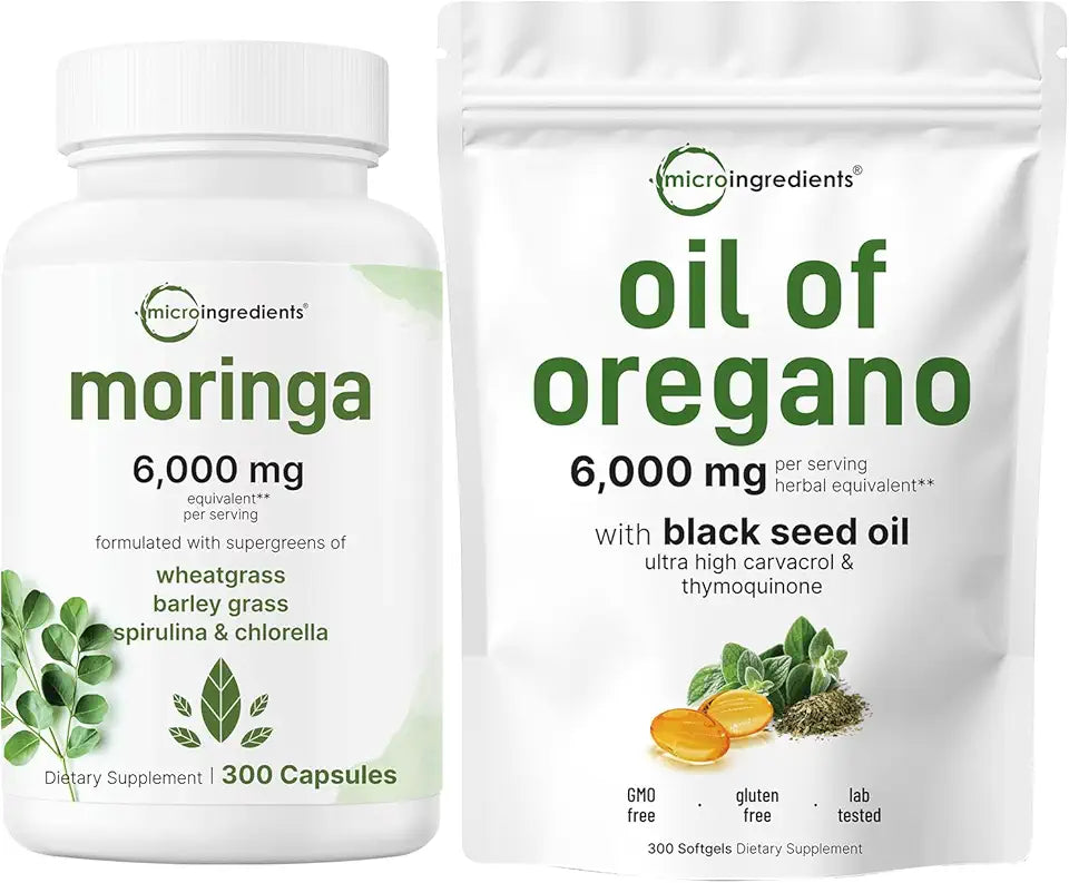 Oil of Oregano Softgels 300 Count & Moringa Oleifera 300 Capsules 2 Pack A8543