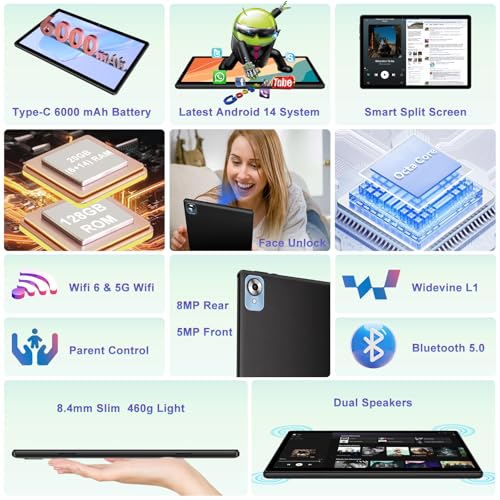 Android 14 Tablet with Keyboard 20GB+128GB 10.1 Inch Octa-Core 2-in-1 HD IPS Display Black W804
