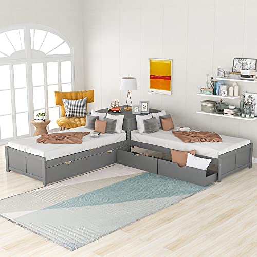 Grey Wood L-Shaped Corner Platform Beds with Trundle, Double Twin Size Beds with 2 Drawers G891458