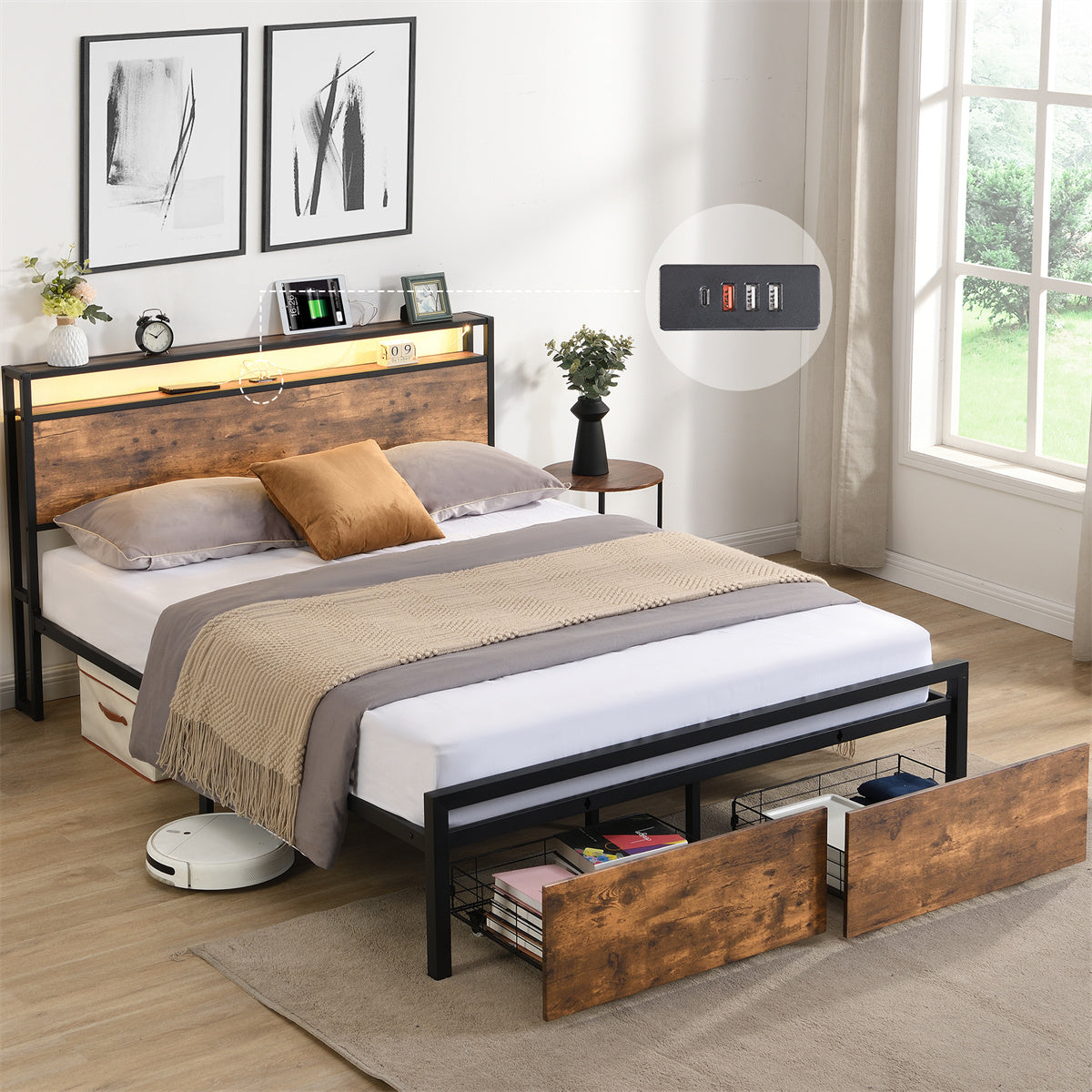 Queen Size Metal Bed Frame with Storage Headboard and 2 Drawers F837