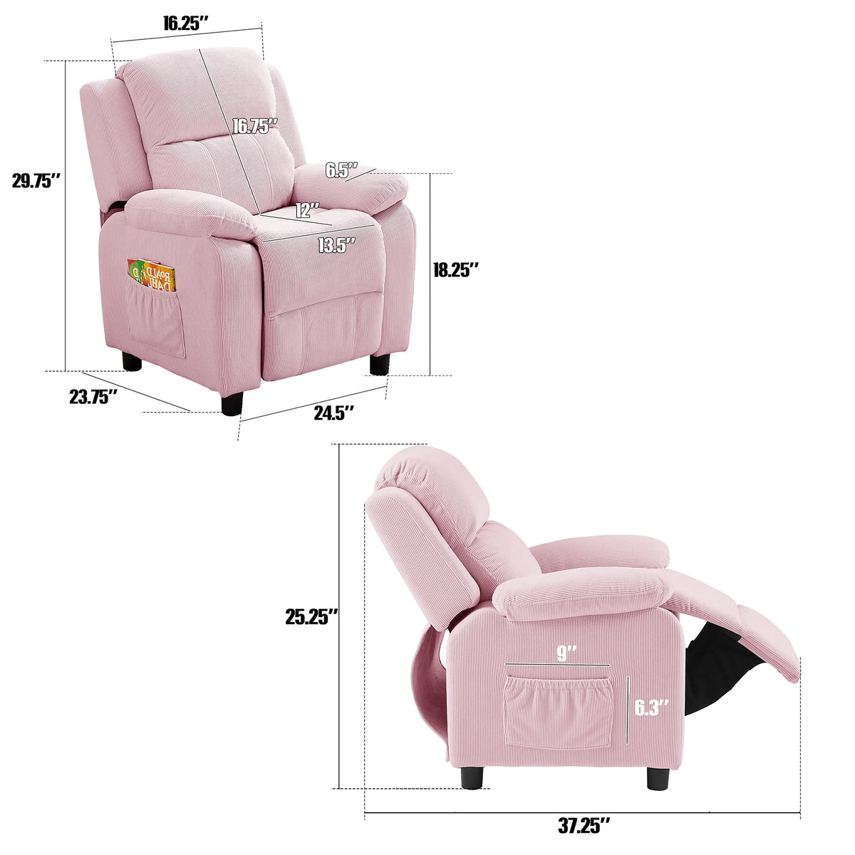 Pink Adjustable Kids Recliner Chair with Footrest A2772