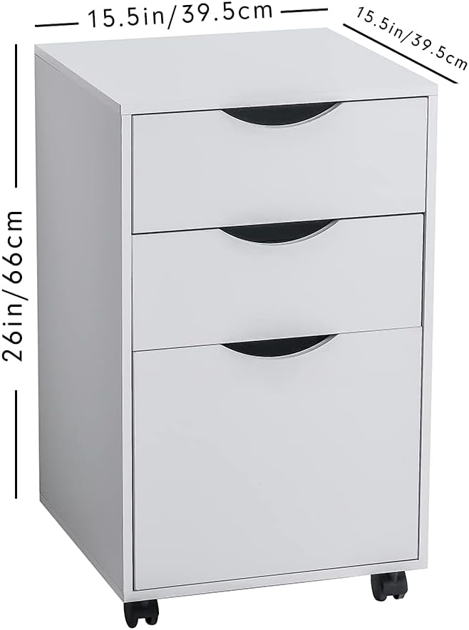 White 3 Drawer Wooden Mobile Filing Cabinet with Wheels R262472