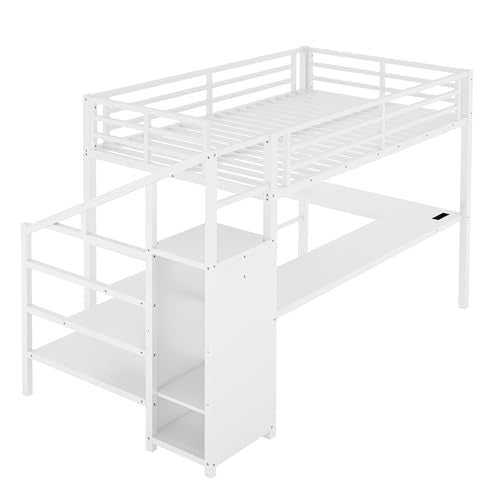 Full Size White Metal Loft Bed with Desk and Storage Stairs H660706