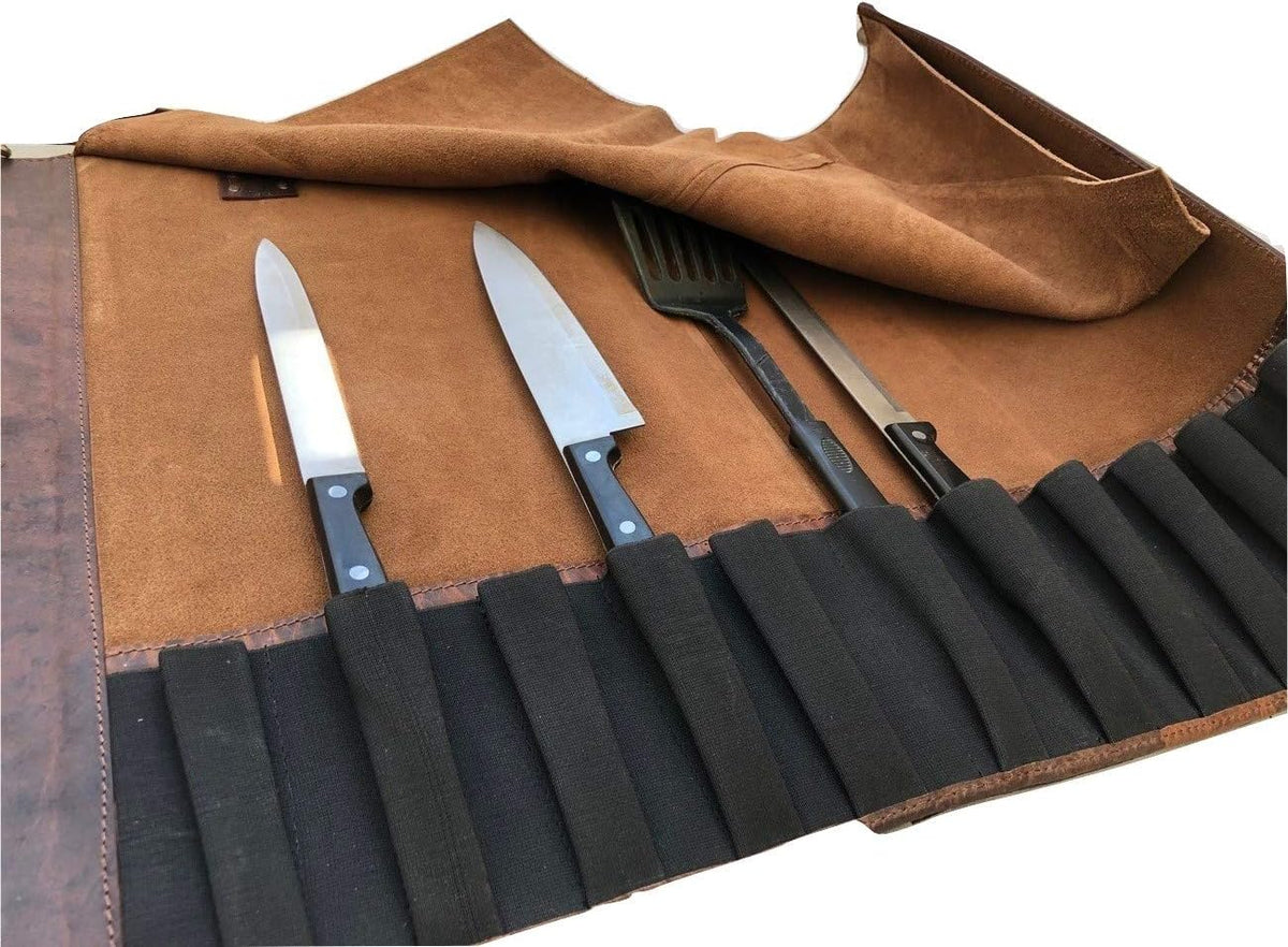 Black Buffalo Leather Knife Roll Set E7086