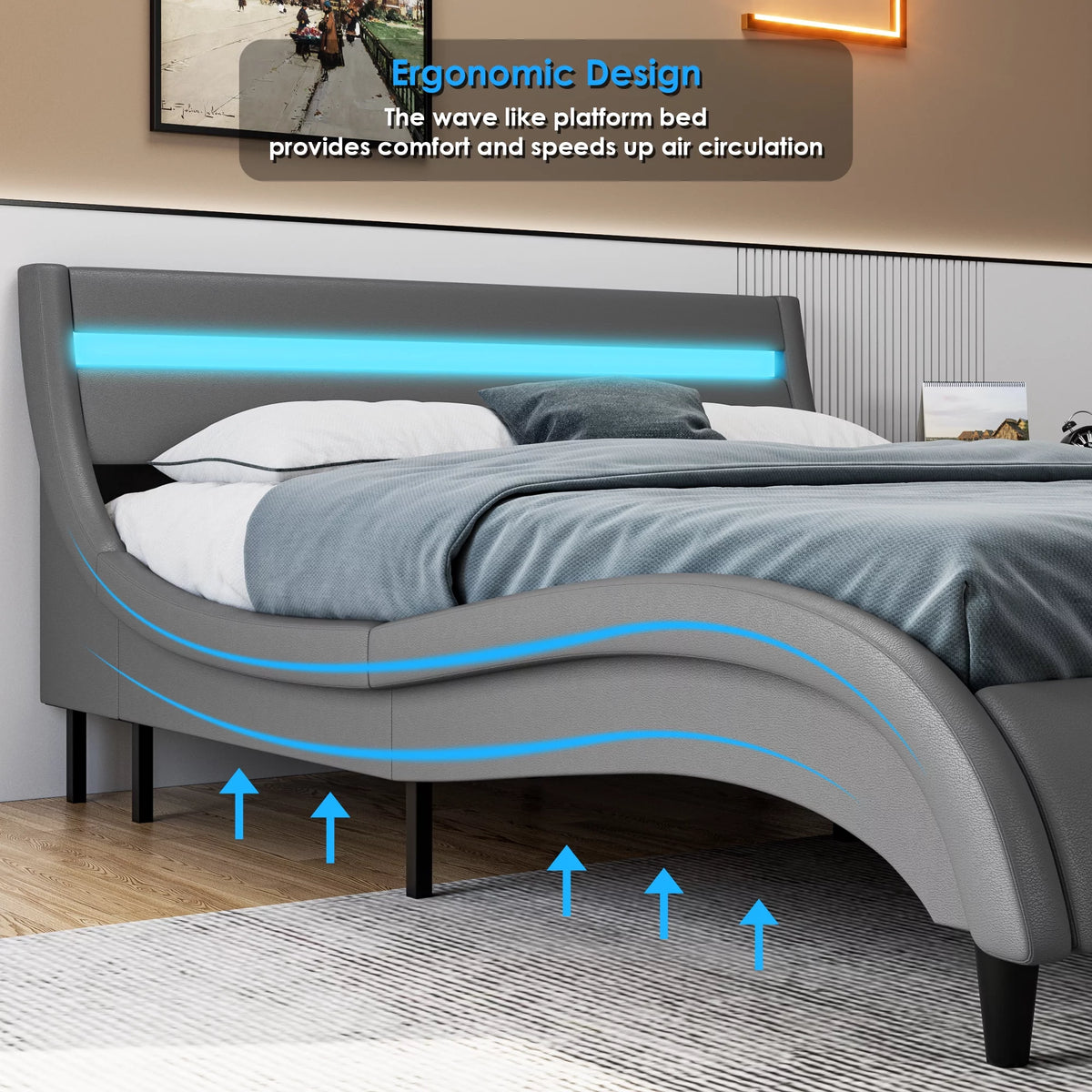 White Full Size Wooden Platform Bed Frame with Adjustable Upholstered Headboard A6257