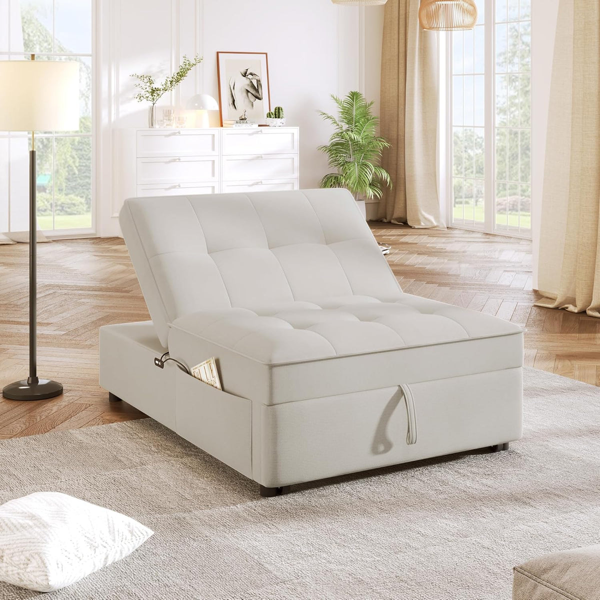 White 4-in-1 Folding Ottoman Bed with Storage Pocket and USB Port K2033