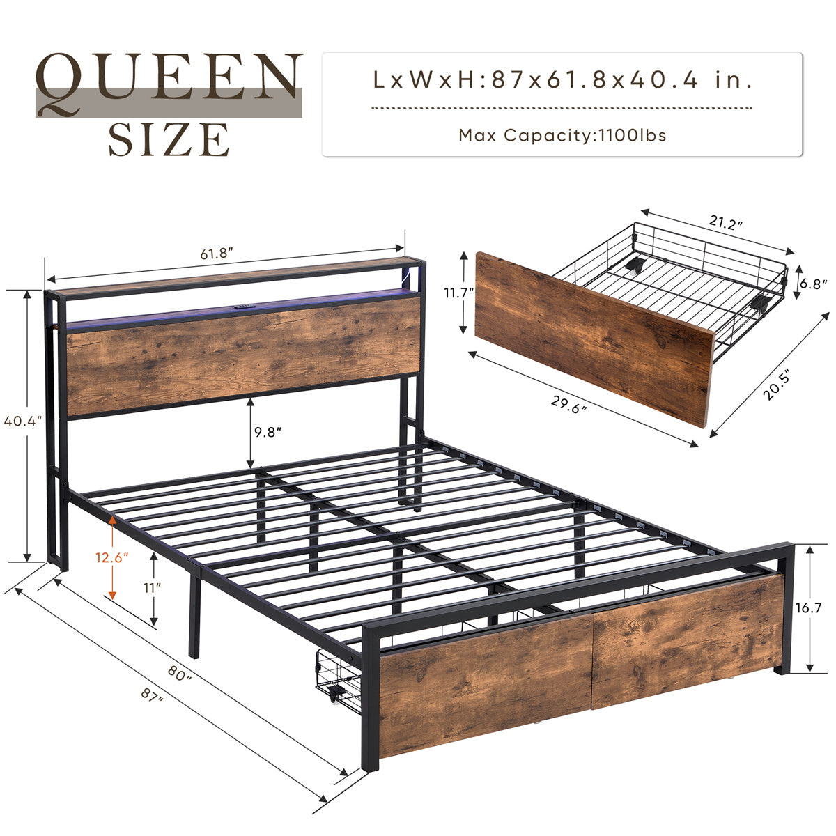 Queen Size Metal Bed Frame with Storage Headboard and 2 Drawers F837