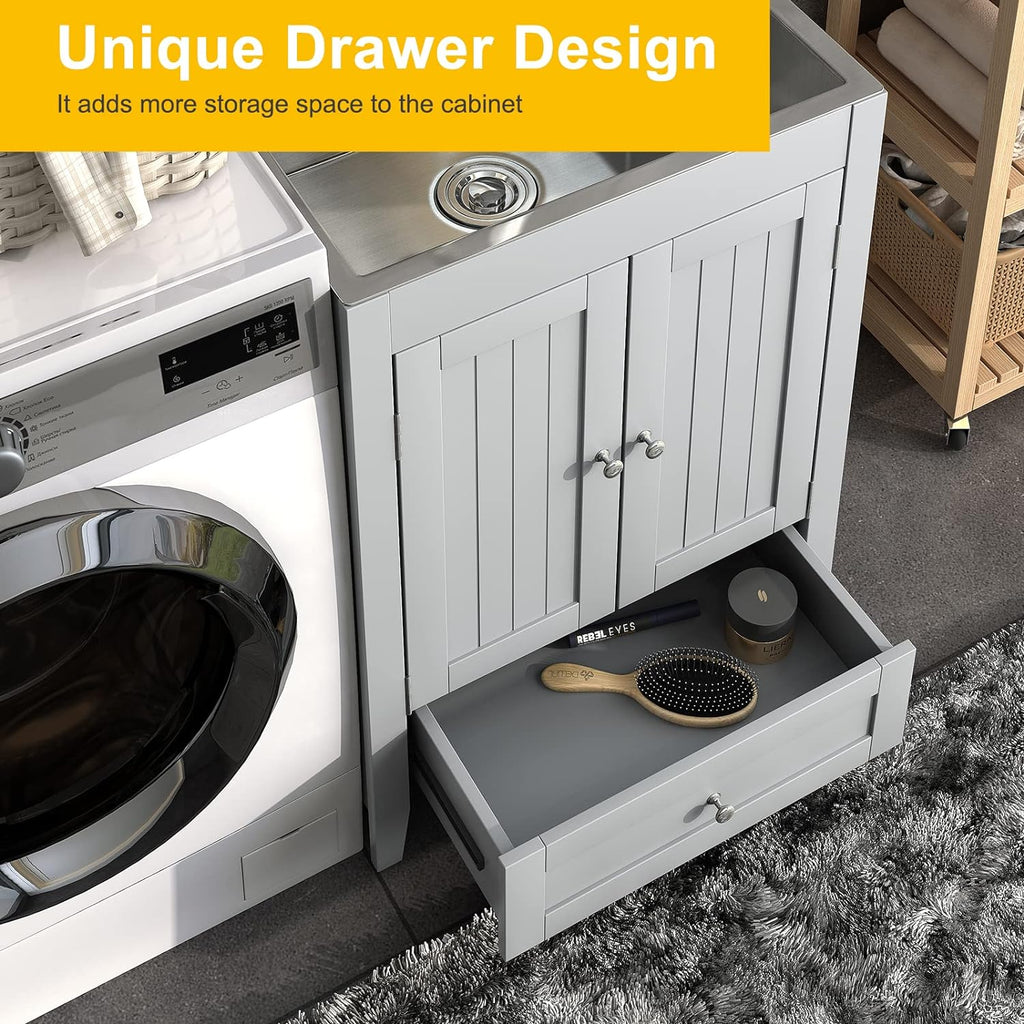 24-Inch Laundry Cabinet with Sink Grey Cabinet with Drawer Stainless Steel Sink Faucet Combo G7709