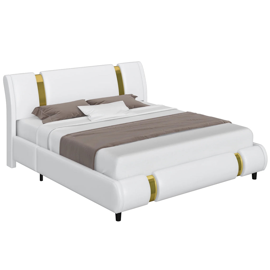 Full Size Leather Upholstered Platform Bed Frame with White Headboard S5649