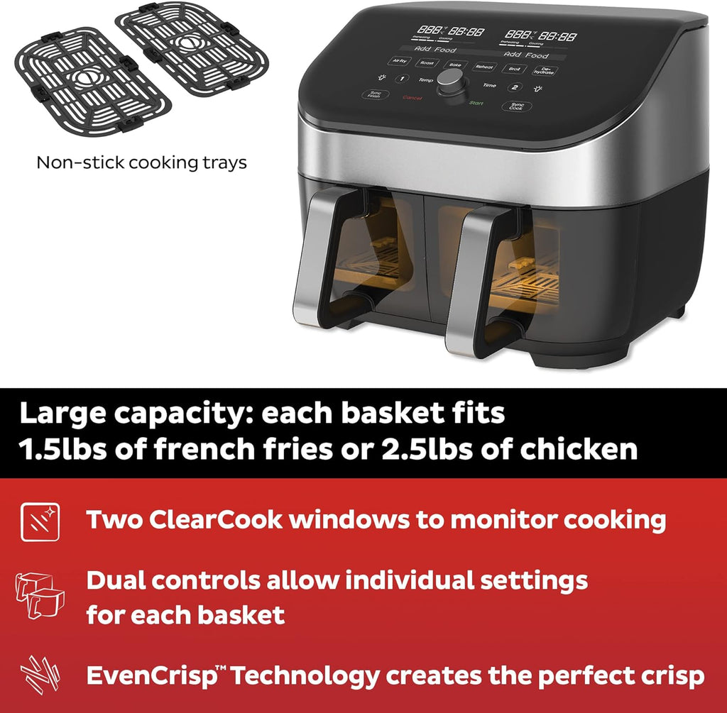 8 Quart Dual Basket Air Fryer with ClearCook Easy View Windows G845