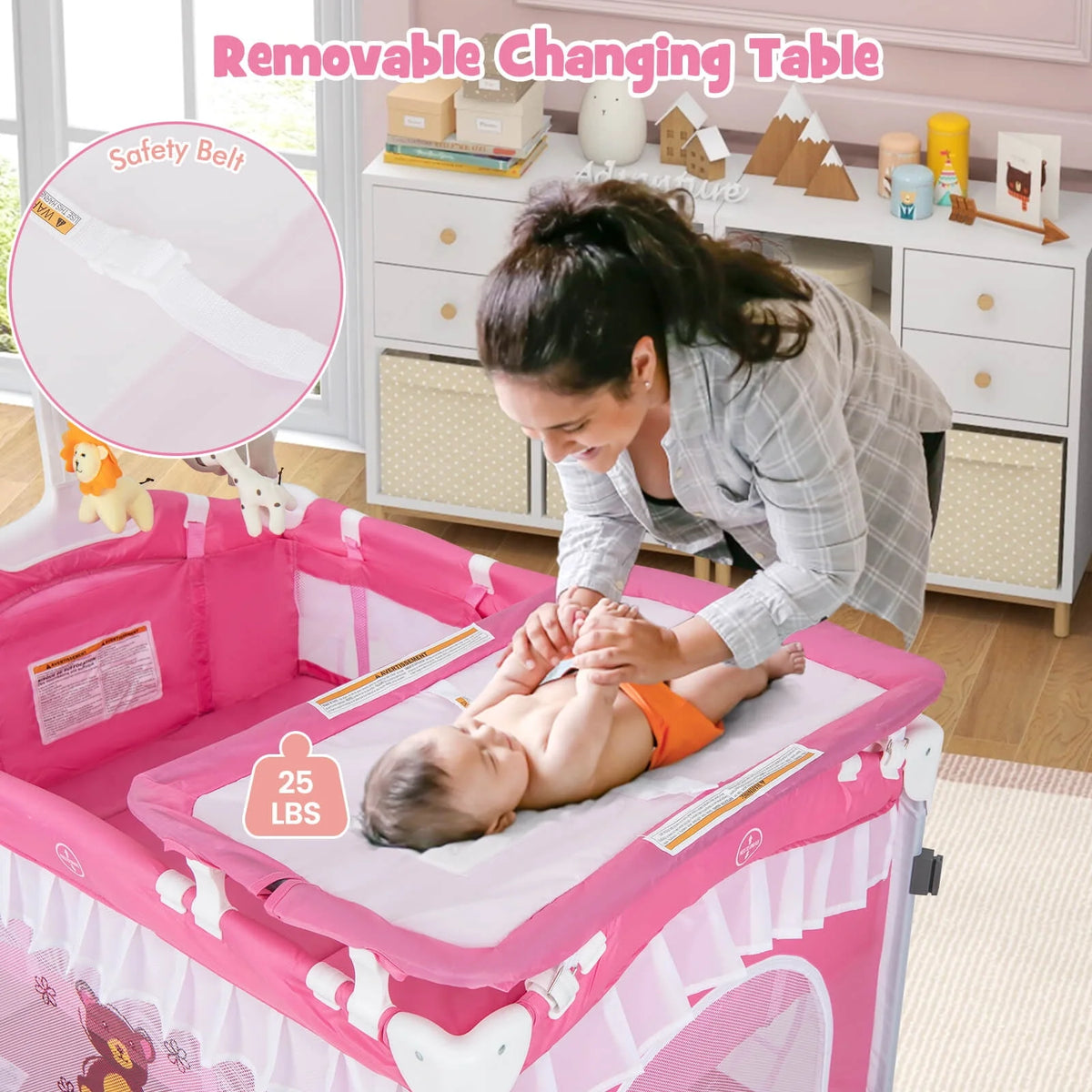 Portable 4 in 1 Baby Playard Crib with Changing Table Pink F5499