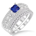 Art Deco 3 Carat Square Shape Blue Sapphire And Moissanite Diamond Bridal Set Engagement Ring on 10k White Gold D210798