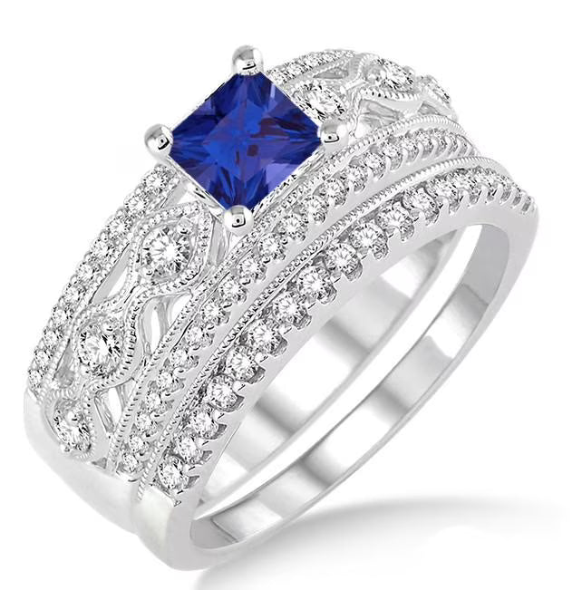 Art Deco 3 Carat Square Shape Blue Sapphire And Moissanite Diamond Bridal Set Engagement Ring on 10k White Gold D210798