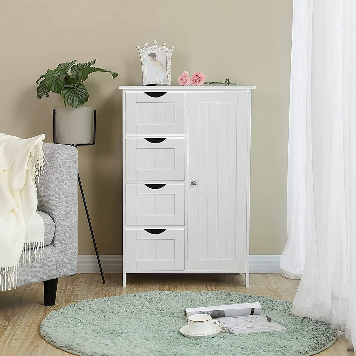 White Wooden Bathroom Floor Cabinet with 4 Drawers and 1 Cupboard U822981