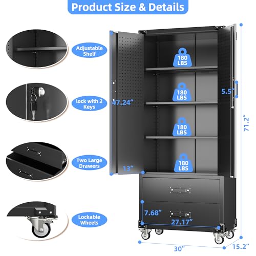 Black Metal Garage Storage Cabinet with Pegboard R363