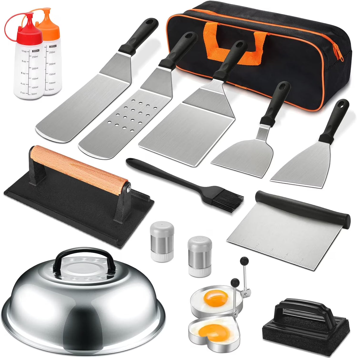 17PCS Flat Top Grill Accessories Set with Spatulas, Basting Cover, Scraper D39530