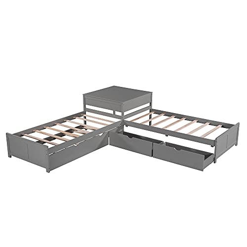 Grey Wood L-Shaped Corner Platform Beds with Trundle, Double Twin Size Beds with 2 Drawers G891458